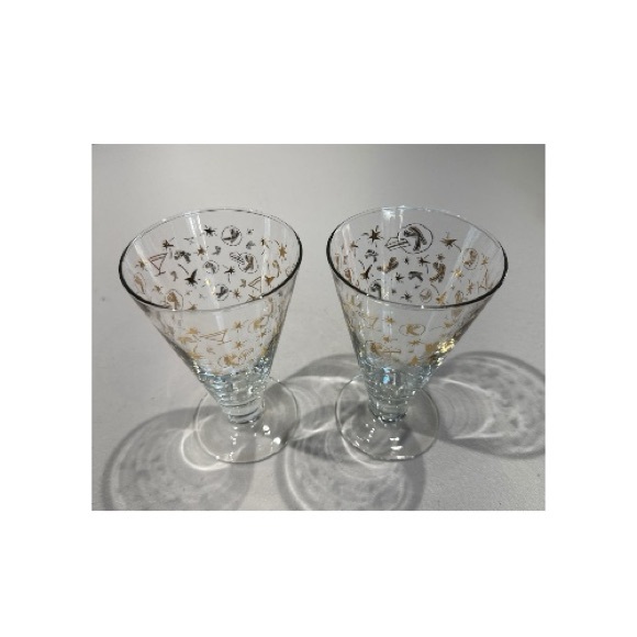 Vintage MCM Kahlua Glasses Gold Atomic, Stars & "K" Logo Design Footed Set of 2 - Picture 2 of 4